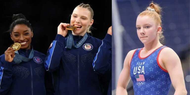 Simone Bila's teammate, Jade Carey, reacts when Dulcy Caylor, 17, 20 e5a67 17593376677362 1920